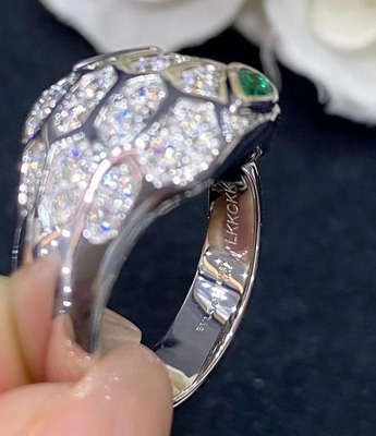 Custom  Serpenti Ring Solid 18KT White Gold Set With Emerald Eyes Full Pave Diamons
