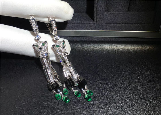 18K White Gold Brand Jewelry , Panthere De Brand Earrings With 10 Emeralds