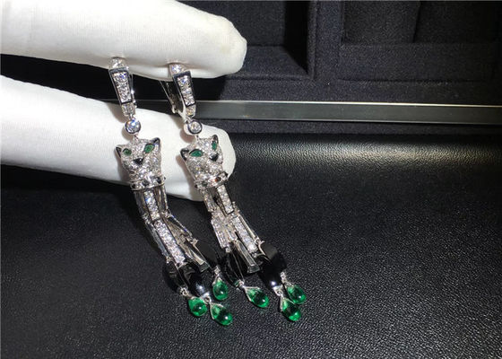 18K White Gold Brand Jewelry , Panthere De Brand Earrings With 10 Emeralds