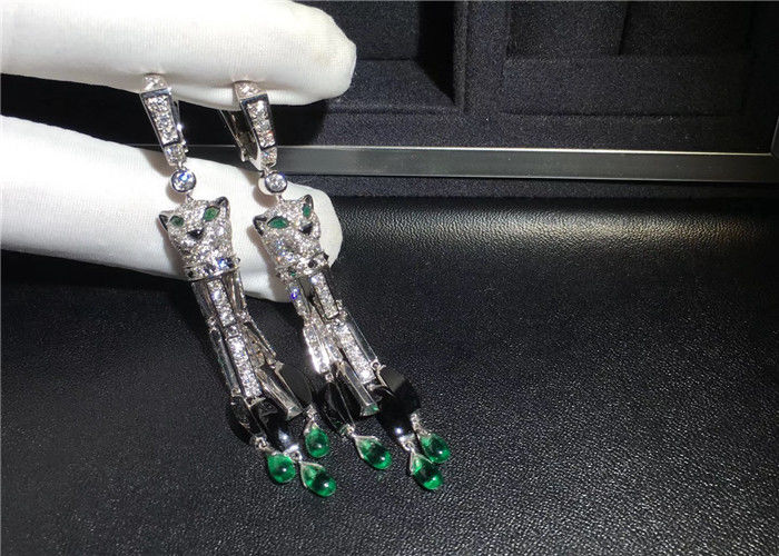18K White Gold Brand Jewelry , Panthere De Brand Earrings With 10 Emeralds