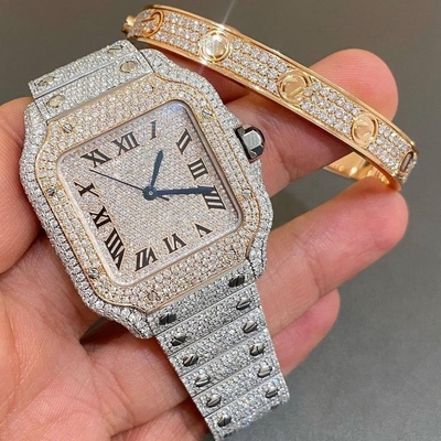 ผู้ชาย ผู้หญิง แดมอนด์ Iced Out Bling นาฬิกา Dial Bezel Band VVS นาฬิกา Moissanite